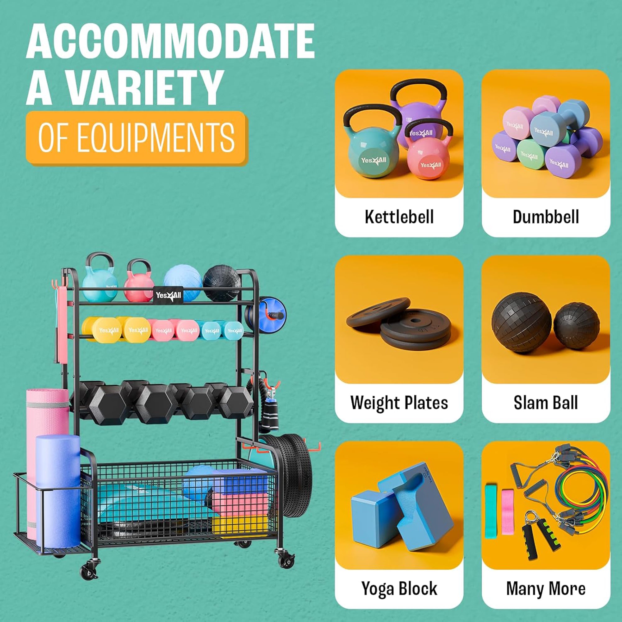 Yes4All Dumbbell Storage Rack, Home Gym Equipment Organizer with Wheels & Hooks - VMInnovations