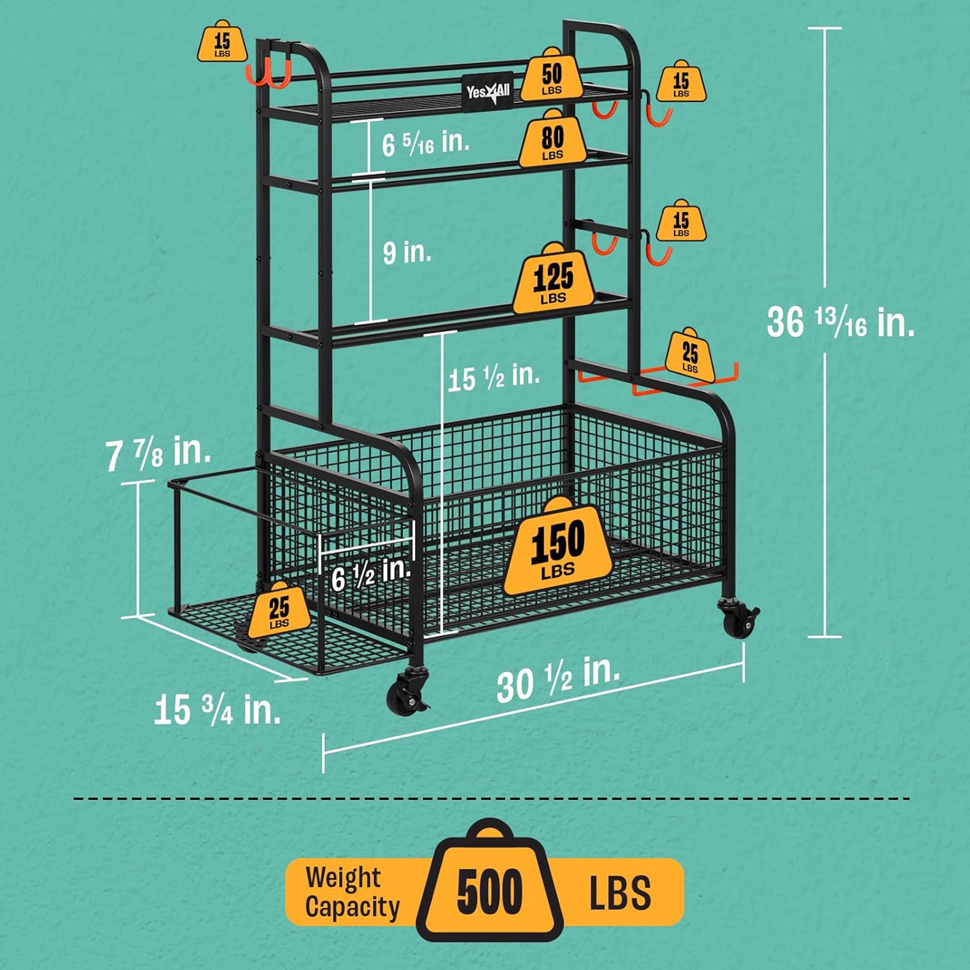 Yes4All Dumbbell Storage Rack, Home Gym Equipment Organizer with Wheels & Hooks - VMInnovations