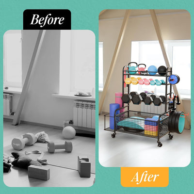 Yes4All Dumbbell Storage Rack, Home Gym Equipment Organizer with Wheels & Hooks - VMInnovations