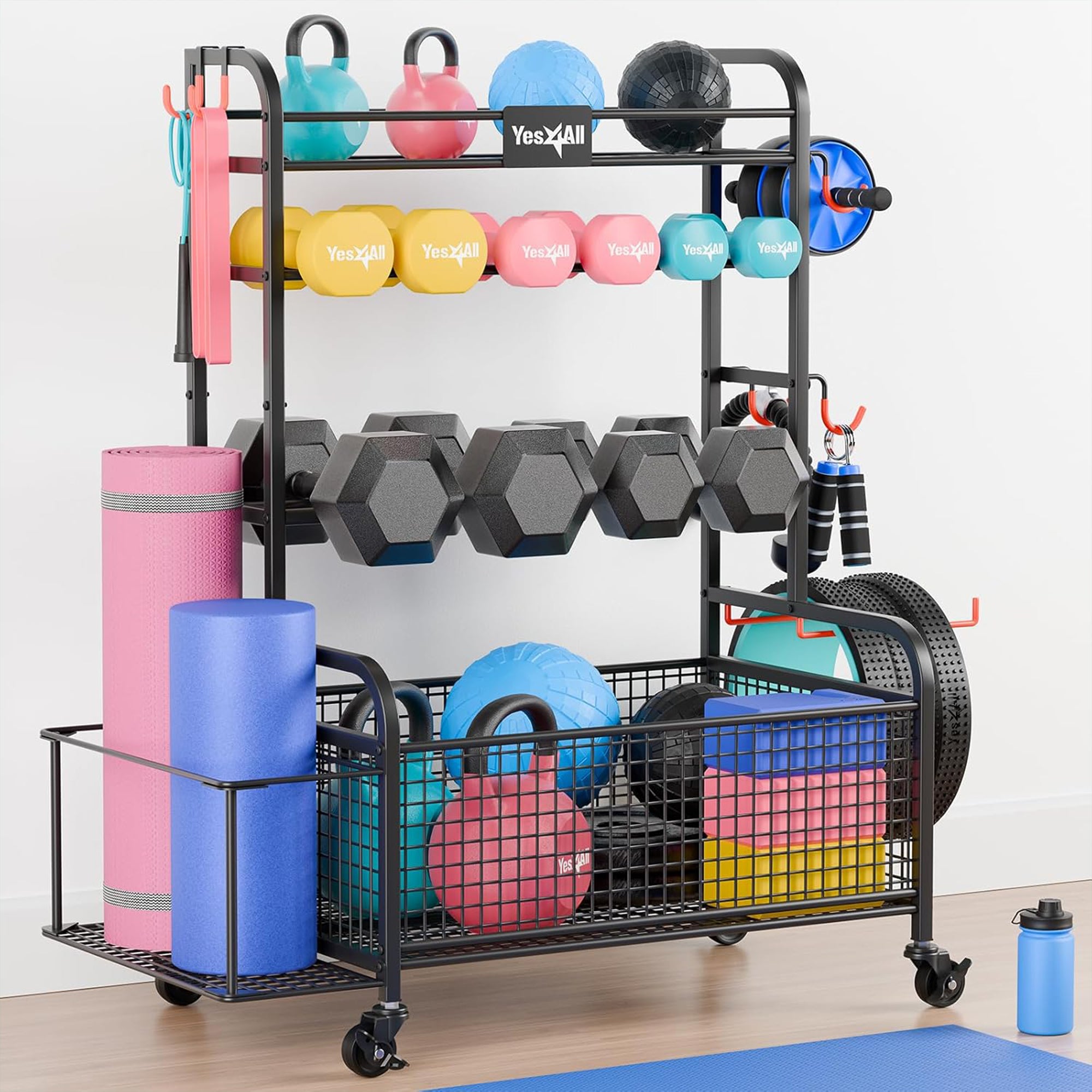 Yes4All Dumbbell Storage Rack, Home Gym Equipment Organizer with Wheels & Hooks - VMInnovations