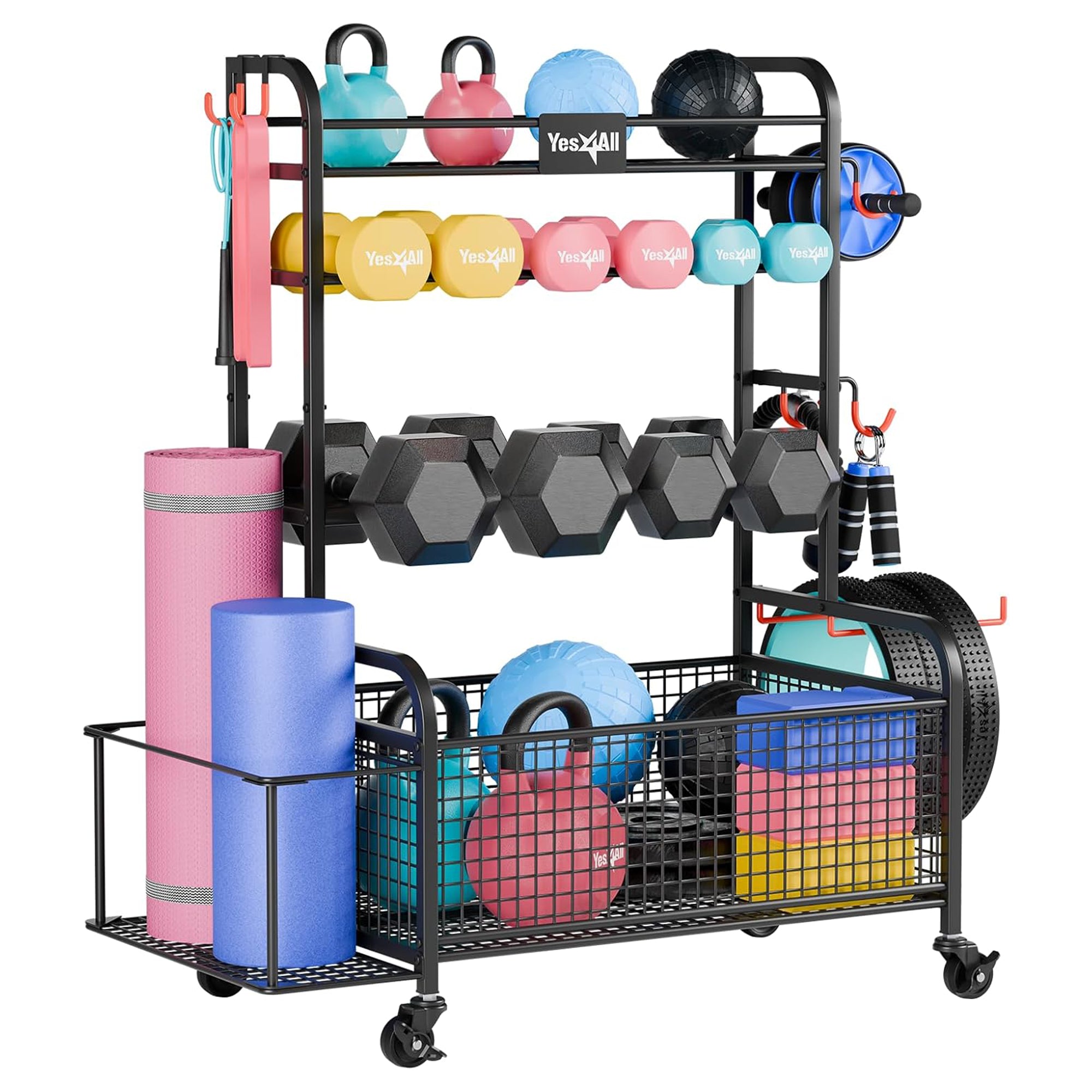 Yes4All Dumbbell Storage Rack, Home Gym Equipment Organizer with Wheels & Hooks - VMInnovations