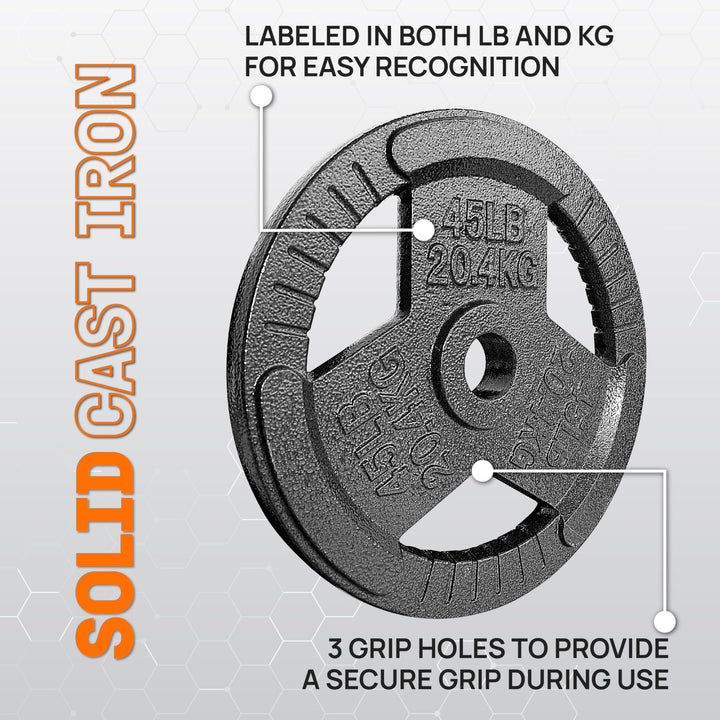 Yes4All Single Cast Iron Olympic Weight Plate with Tri-Grip Handles, 45 Pounds - VMInnovations