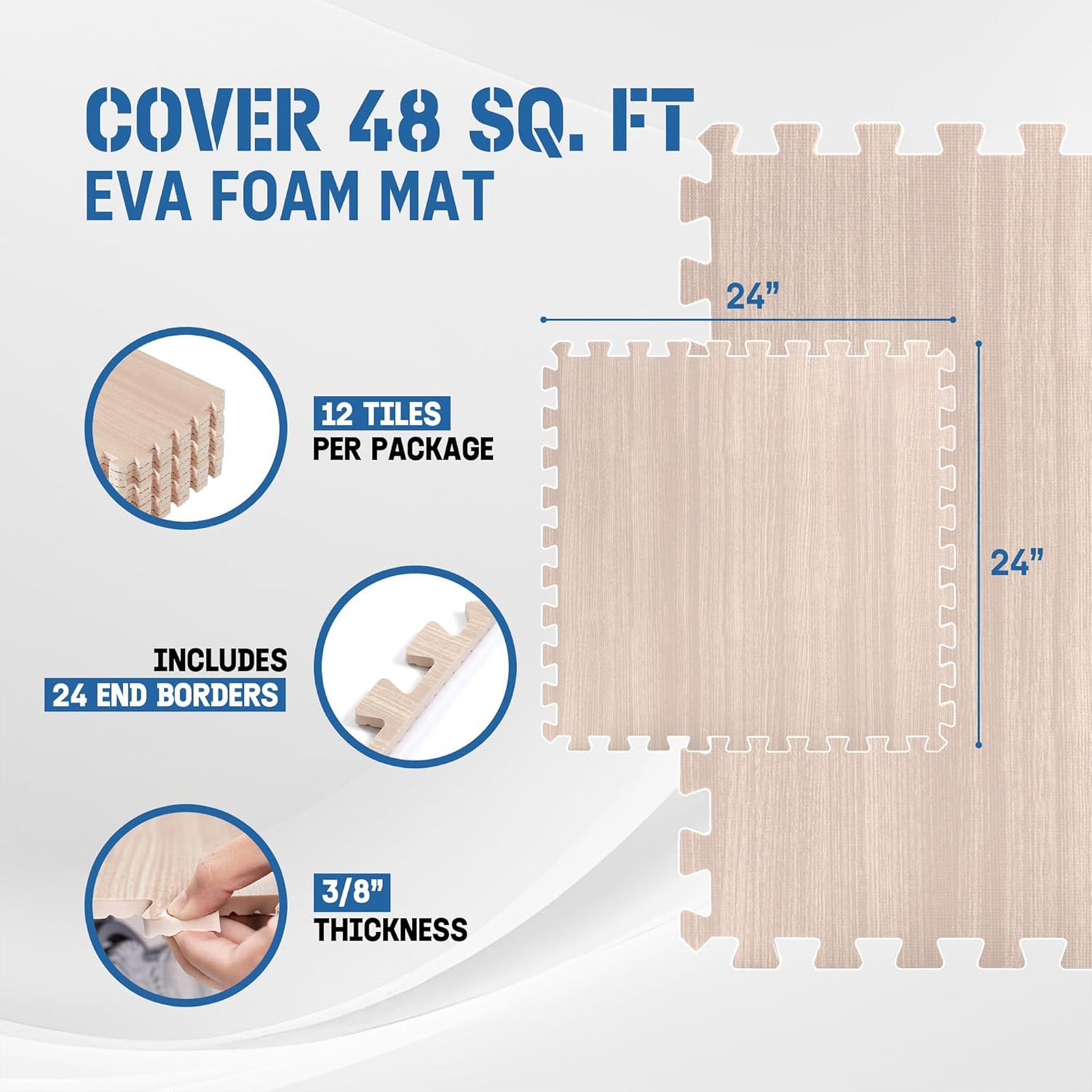 Yes4All Interlocking Foam Exercise Mat, 24"x24", 48 Sq Ft, Light Walnut Wood - VMInnovations