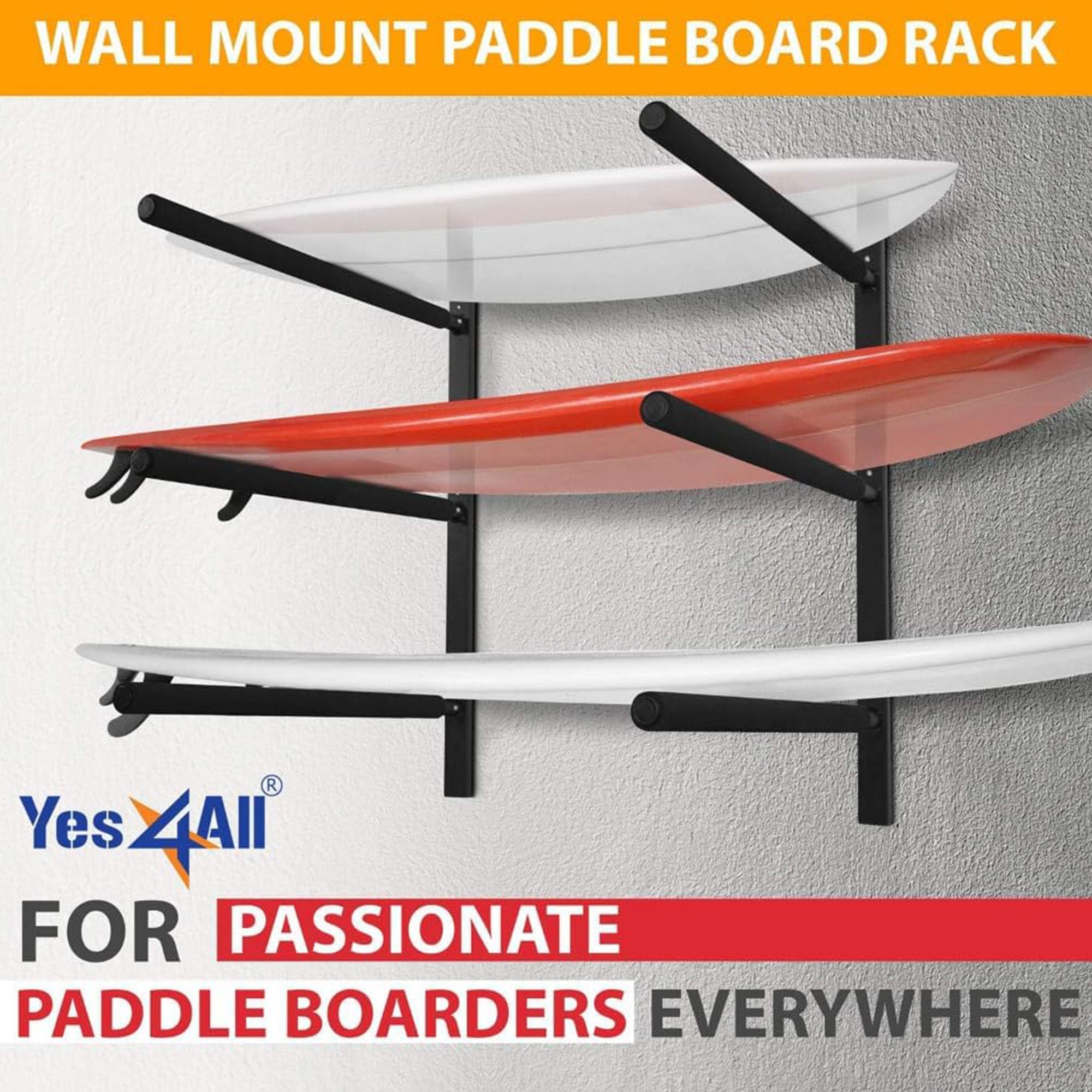 Yes4All Steel Wall Mount Paddle Board Rack for Indoor or Outdoor Storage, Black - VMInnovations