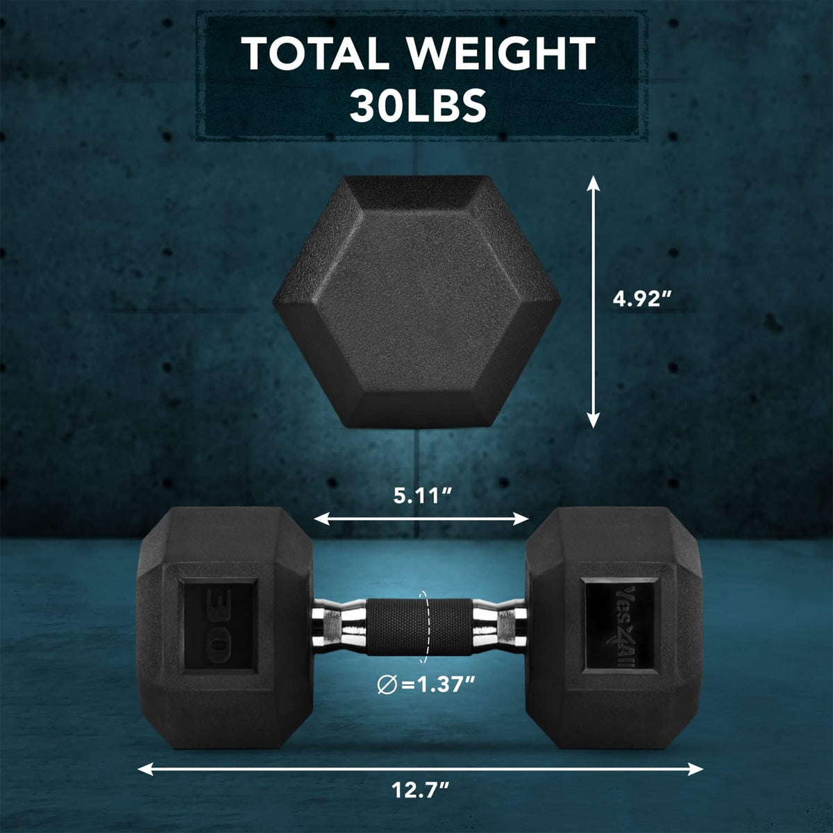Yes4All Cast Iron Hex Dumbbell with Rubber Grip Handle & PVC Coating, 30 Pounds