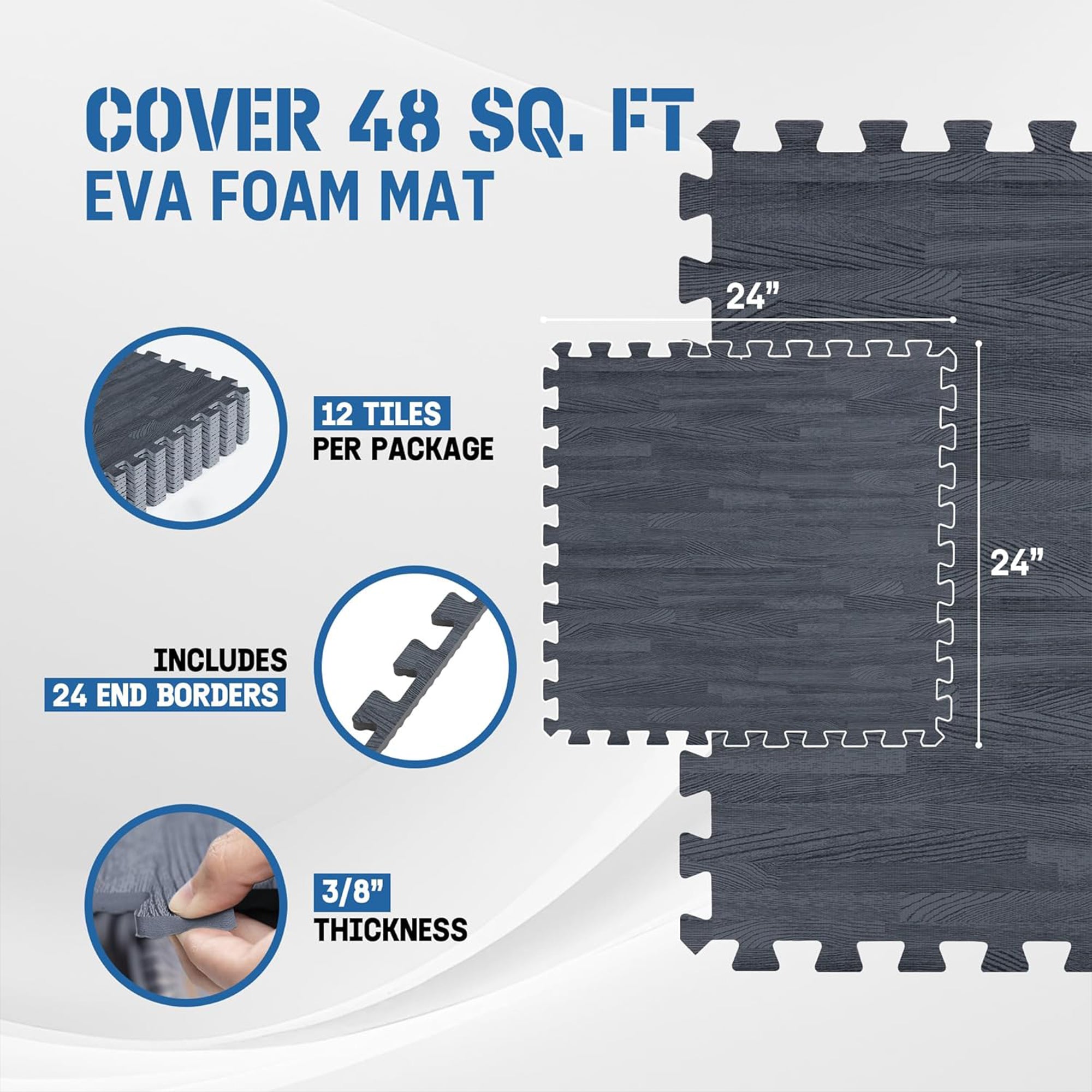 Yes4All Interlocking Foam Exercise Mat, 3/8" Thick, 24"x24", 48 Sq Ft (Open Box) - VMInnovations