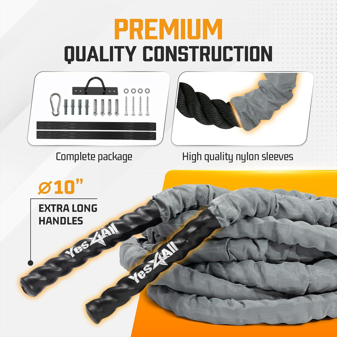 Yes4All 40' Battle Rope, 1.5" Thick Rope for Gym Cross-Training, w/ Cover, Black - VMInnovations
