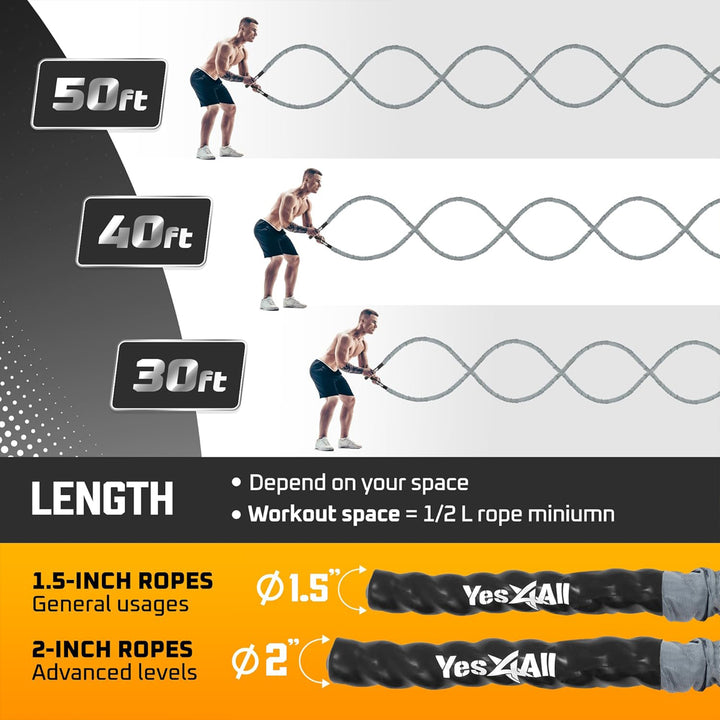 Yes4All 40' Battle Rope, 1.5" Thick Rope for Gym Cross-Training, w/ Cover, Black - VMInnovations