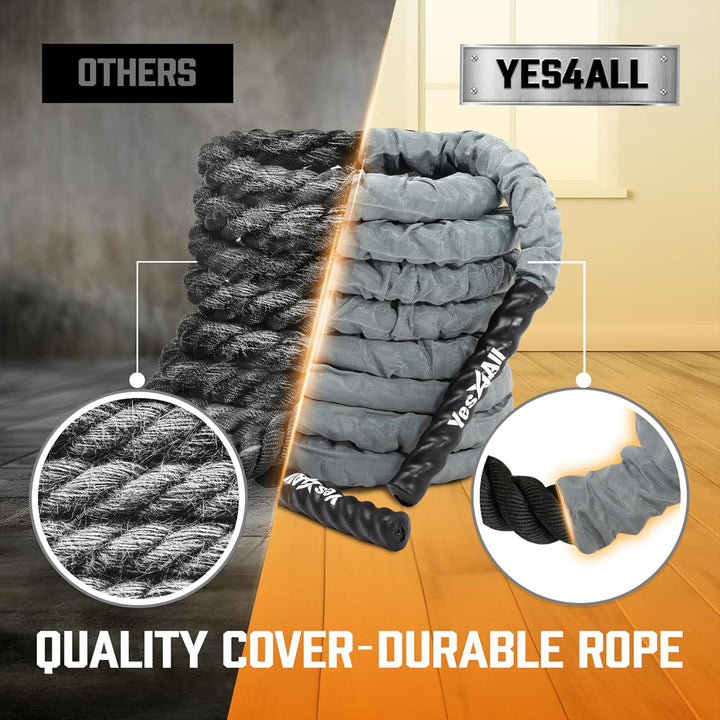 Yes4All 40' Battle Rope, 1.5" Thick Rope for Gym Cross-Training, w/ Cover, Black - VMInnovations