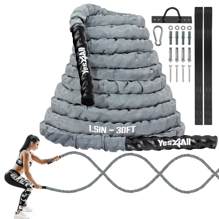 Yes4All 40' Battle Rope, 1.5" Thick Rope for Gym Cross-Training, w/ Cover, Black - VMInnovations