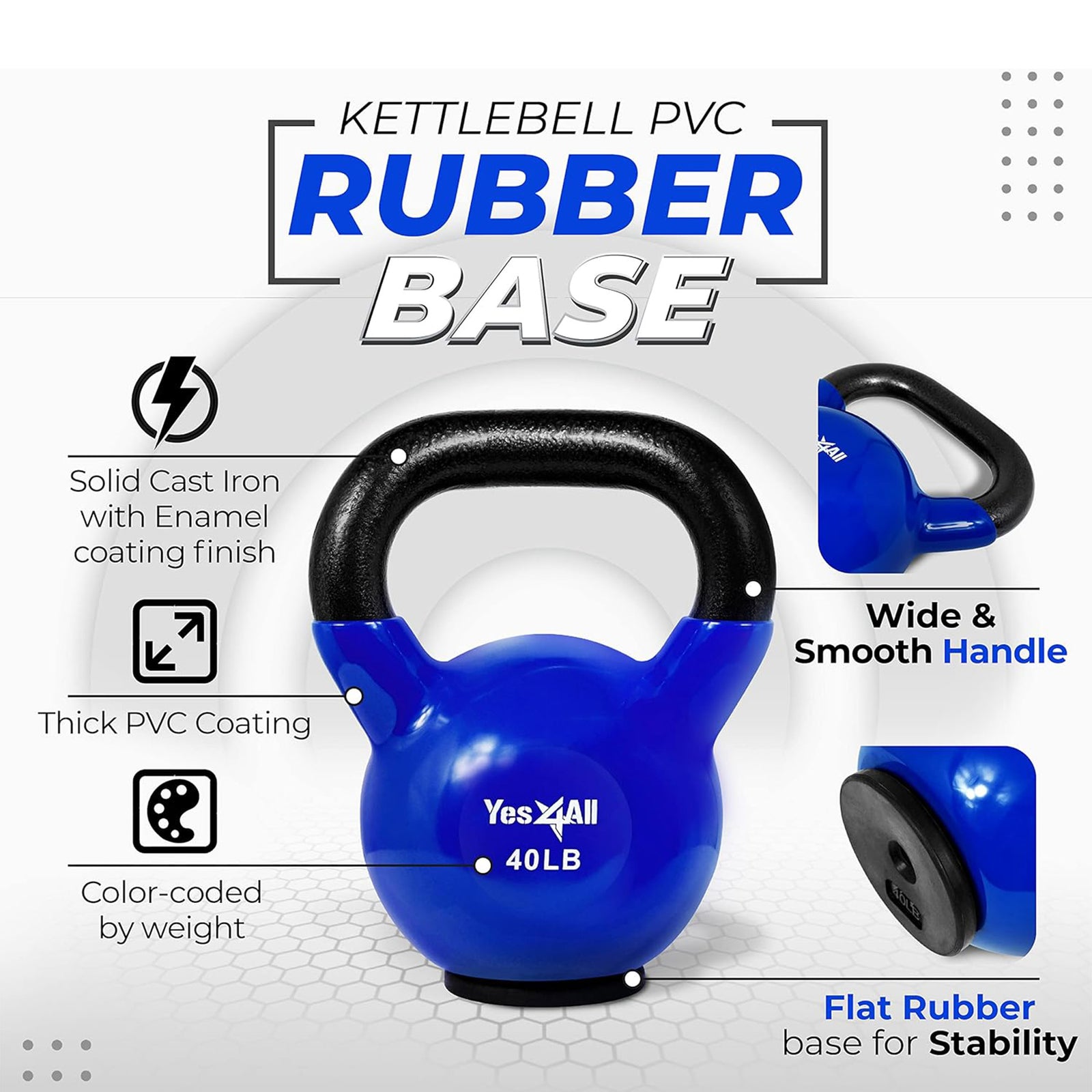 Yes4All 40 Pound Kettlebell, Vinyl Coated Cast Iron Weight w/Rubber Base, Blue - VMInnovations