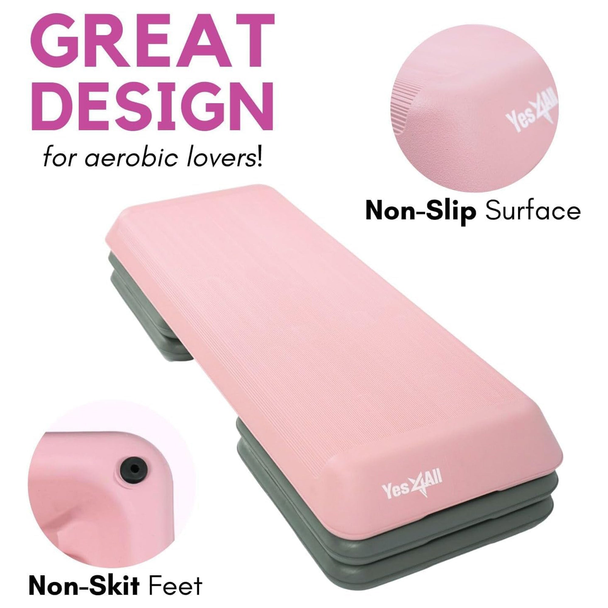 Yes4All Aerobic Deck Step Platform with 4 Risers, Health Club Size, Pink/Grey - VMInnovations