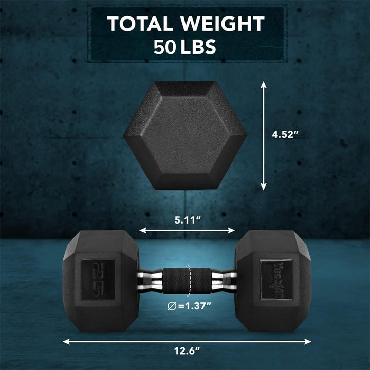 Yes4All Cast Iron Hex Dumbbells with Rubber Grip and Coating, 25 Pound Pair - VMInnovations