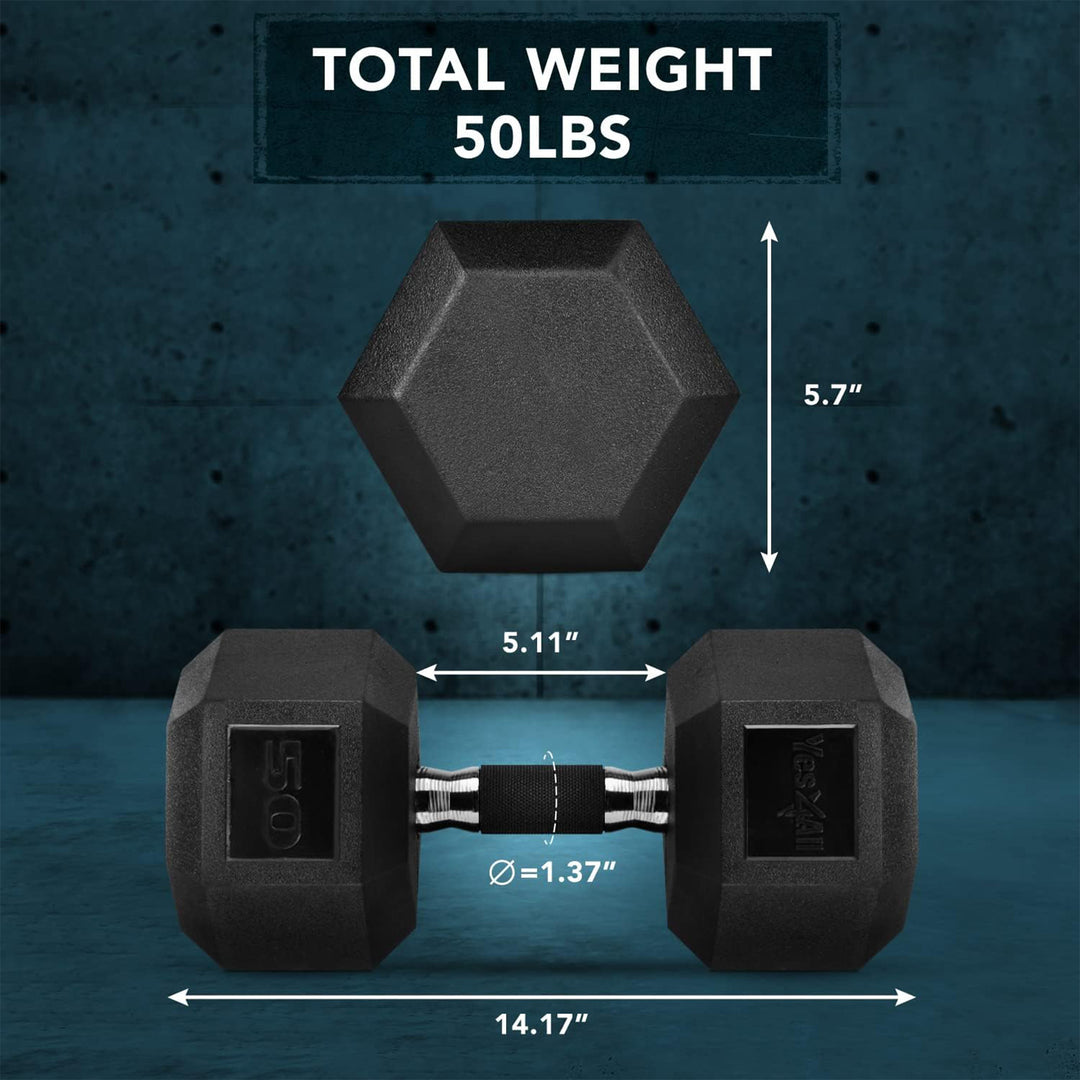 Yes4All Cast Iron Hex Dumbbells with Rubber Grip and PVC Coating, 50 Pound Pair - VMInnovations