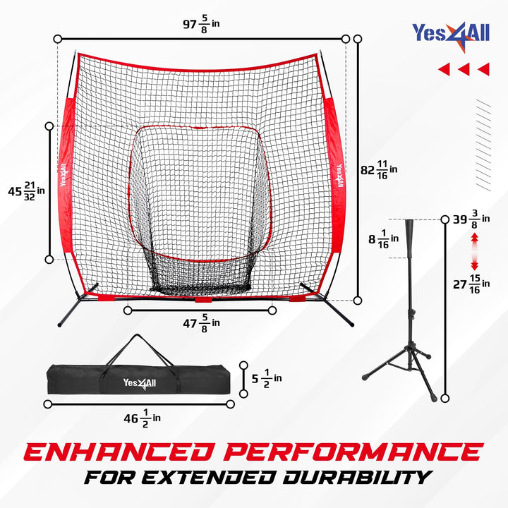 Yes4All 7ft x 7ft Baseball Net w/ Batting Tee for Hitting & Pitching, Black - VMInnovations