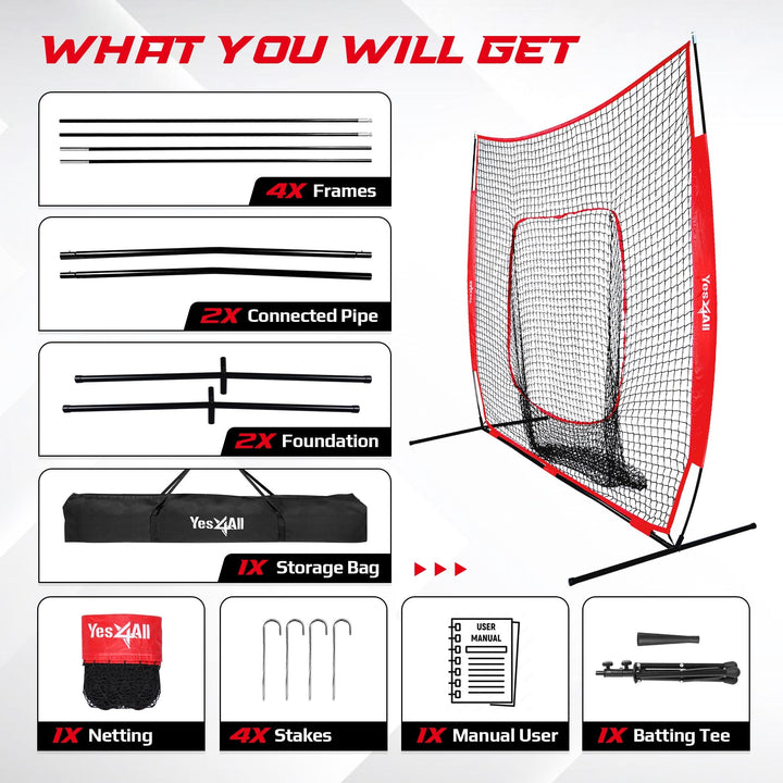 Yes4All 7ft x 7ft Baseball Net w/ Batting Tee for Hitting & Pitching, Black - VMInnovations