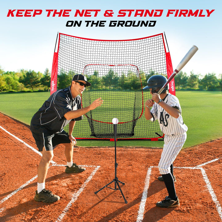 Yes4All 7ft x 7ft Baseball Net w/ Batting Tee for Hitting & Pitching, Black - VMInnovations