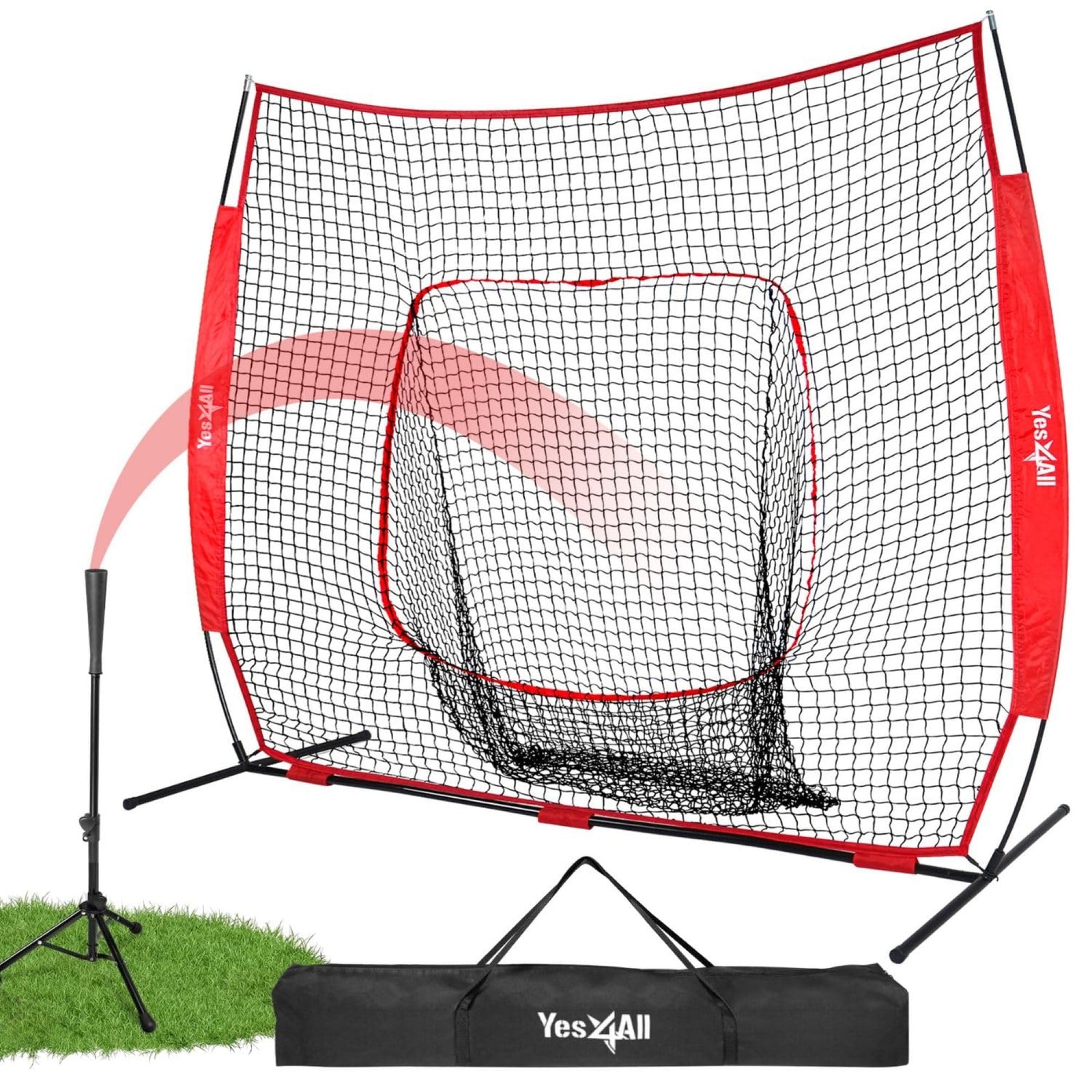 Yes4All 7ft x 7ft Baseball Net w/ Batting Tee for Hitting & Pitching, Black - VMInnovations