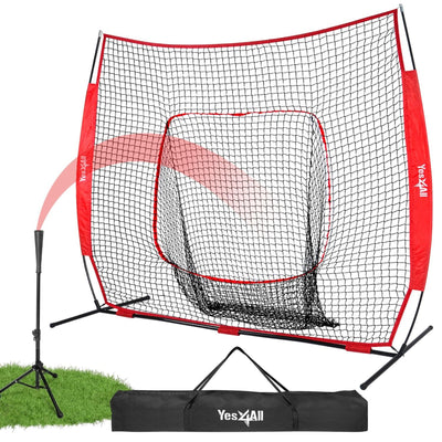 Yes4All 7ft x 7ft Baseball Net w/ Batting Tee for Hitting & Pitching, Black - VMInnovations