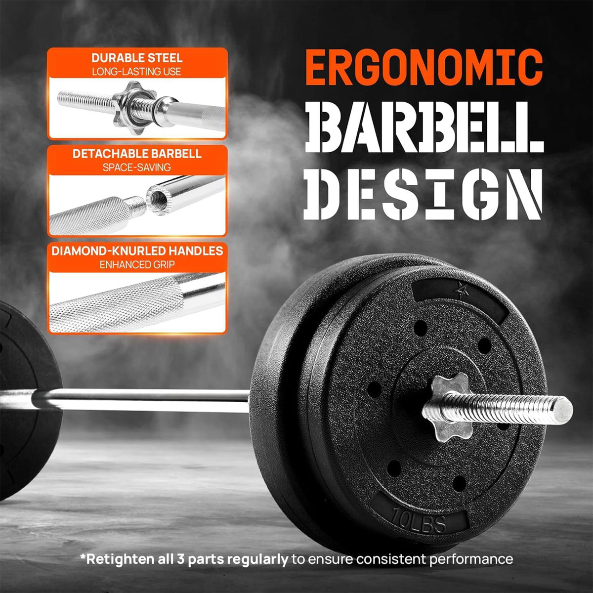Yes4Al 50-Inch Stainless Steel Straight Barbell with 50 Lb Weight Plate Set