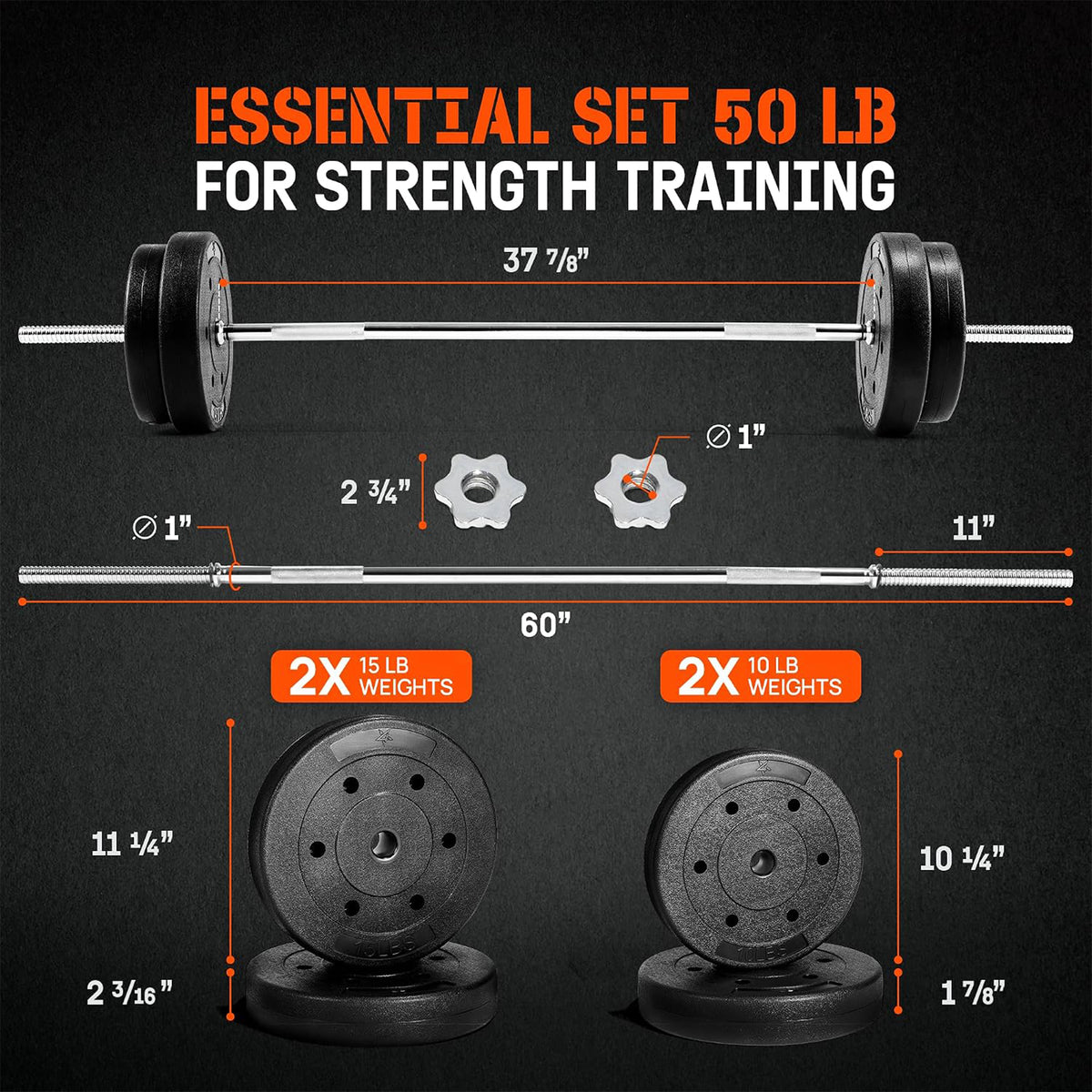 Yes4Al 50-Inch Stainless Steel Straight Barbell with 50 Lb Weight Plate Set