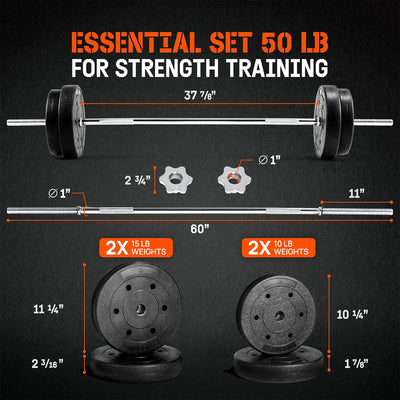 Yes4Al 50-Inch Stainless Steel Straight Barbell with 50 Lb Weight Plate Set