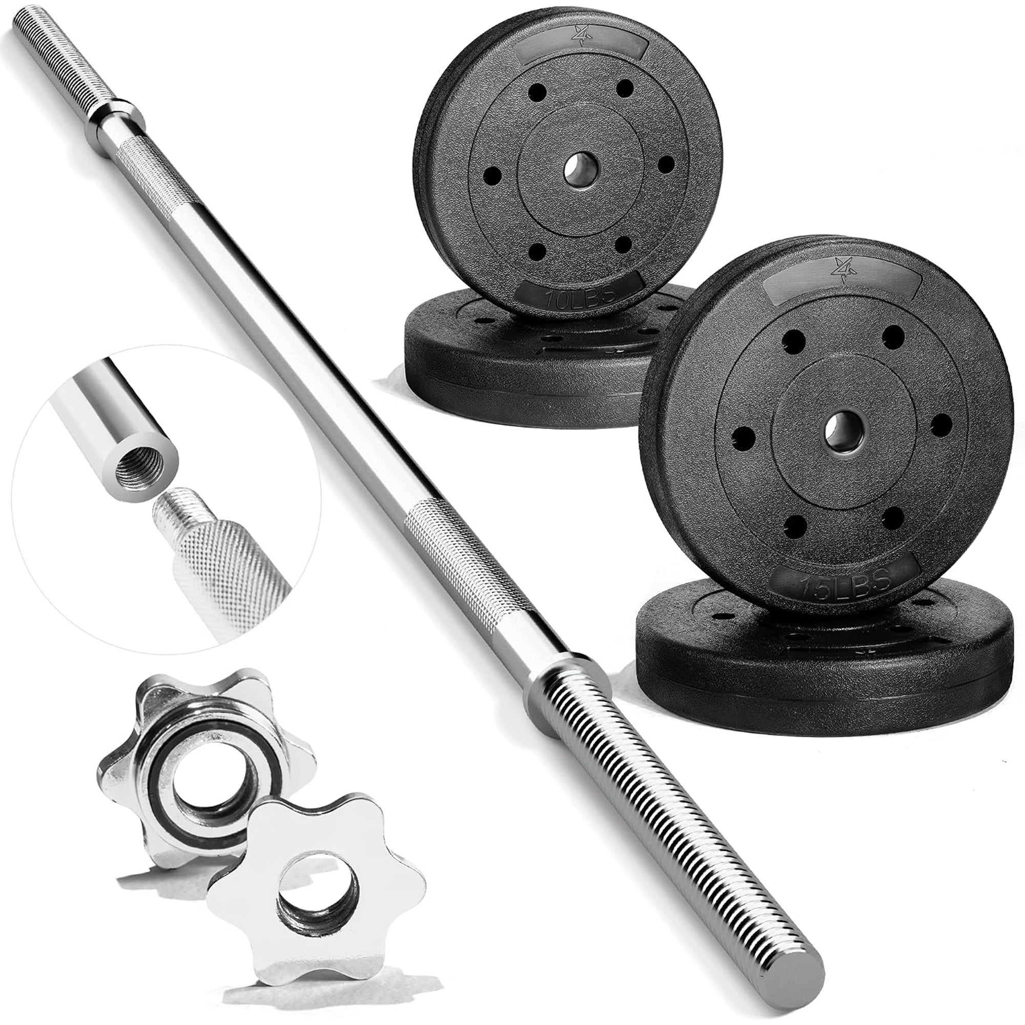 Yes4Al 50-Inch Stainless Steel Straight Barbell with 50 Lb Weight Plate Set