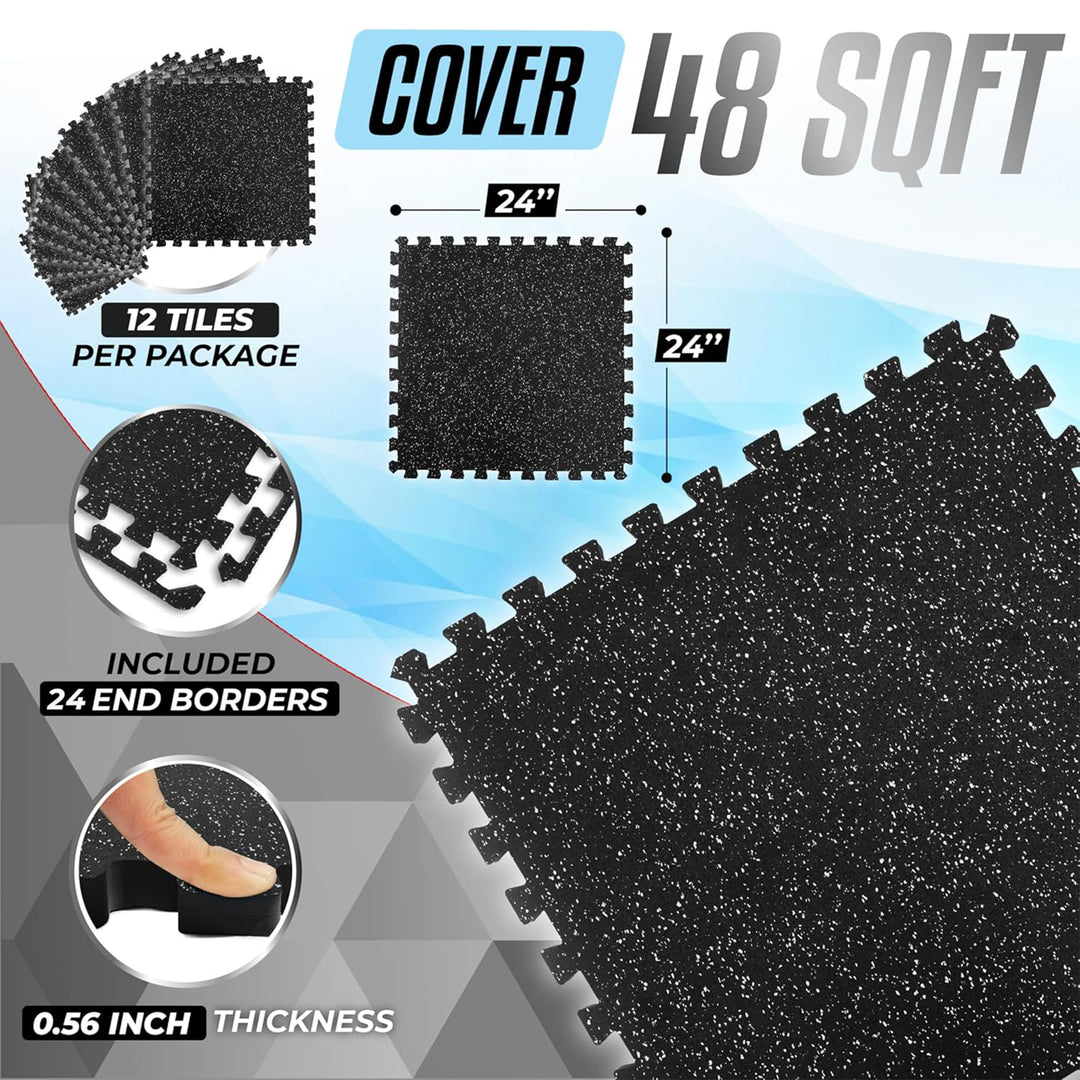 Yes4All Interlocking Foam Exercise Mat, 0.56" Thick, 24"x24", 48 Sq Ft, Black - VMInnovations