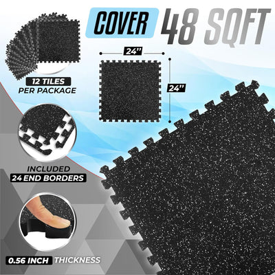 Yes4All Interlocking Foam Exercise Mat, 0.56" Thick, 24"x24", 48 Sq Ft, Black - VMInnovations