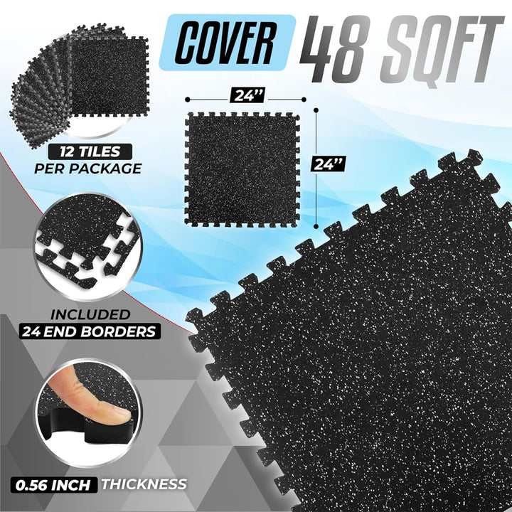 Yes4All Interlocking Foam Exercise Mat, 0.56" Thick, 24"x24", 48 Sq Ft, Black - VMInnovations