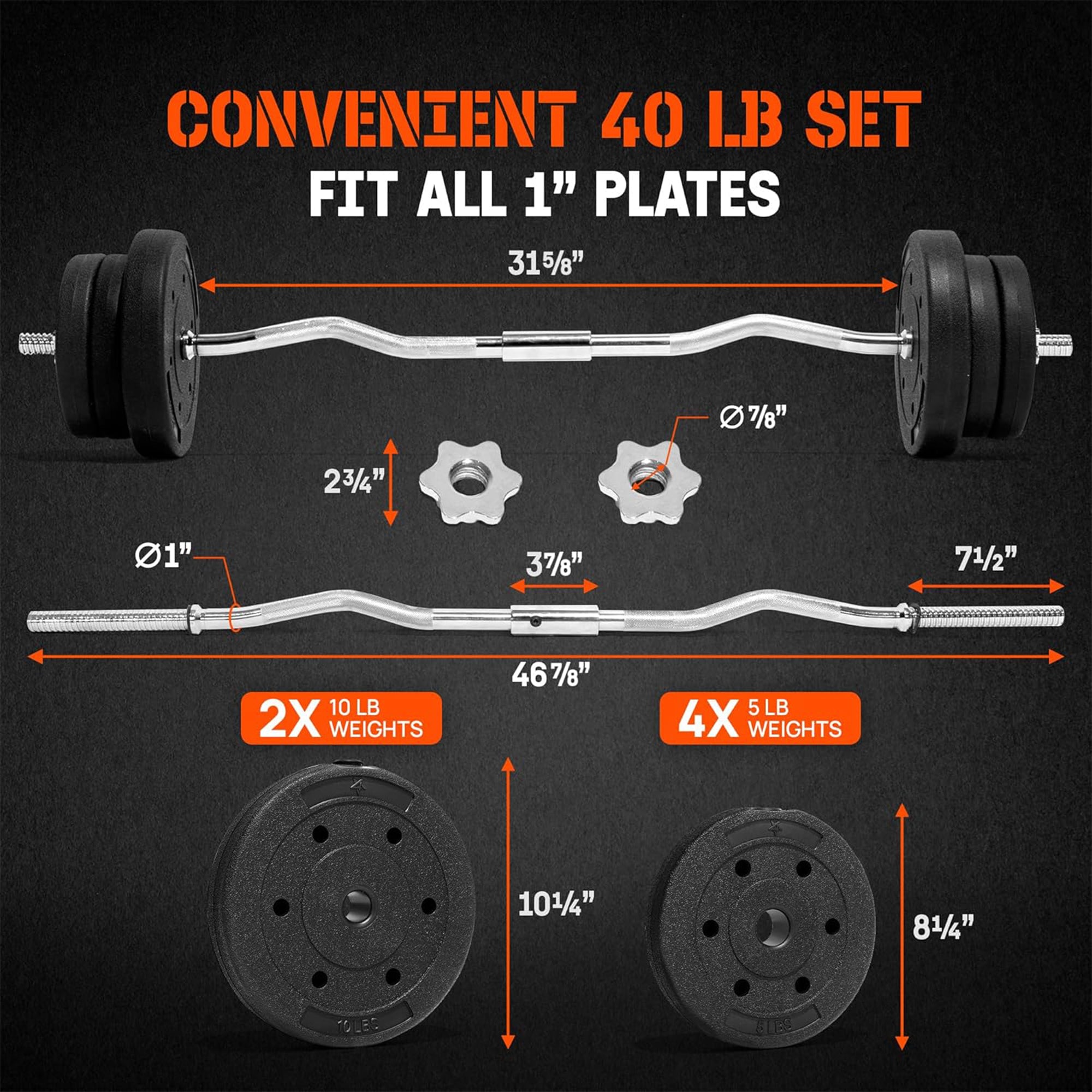 Yes4All 1" Barbell Strength Training Weight Set with (2) 10lb and (4) 5lb Plates