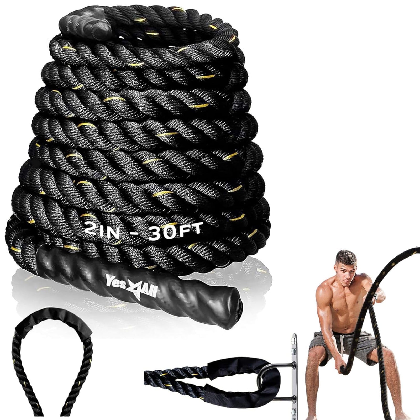 Yes4All 30' Battle Rope, 2" Thick for Home Gym Cross-Training, No Cover, Black - VMInnovations