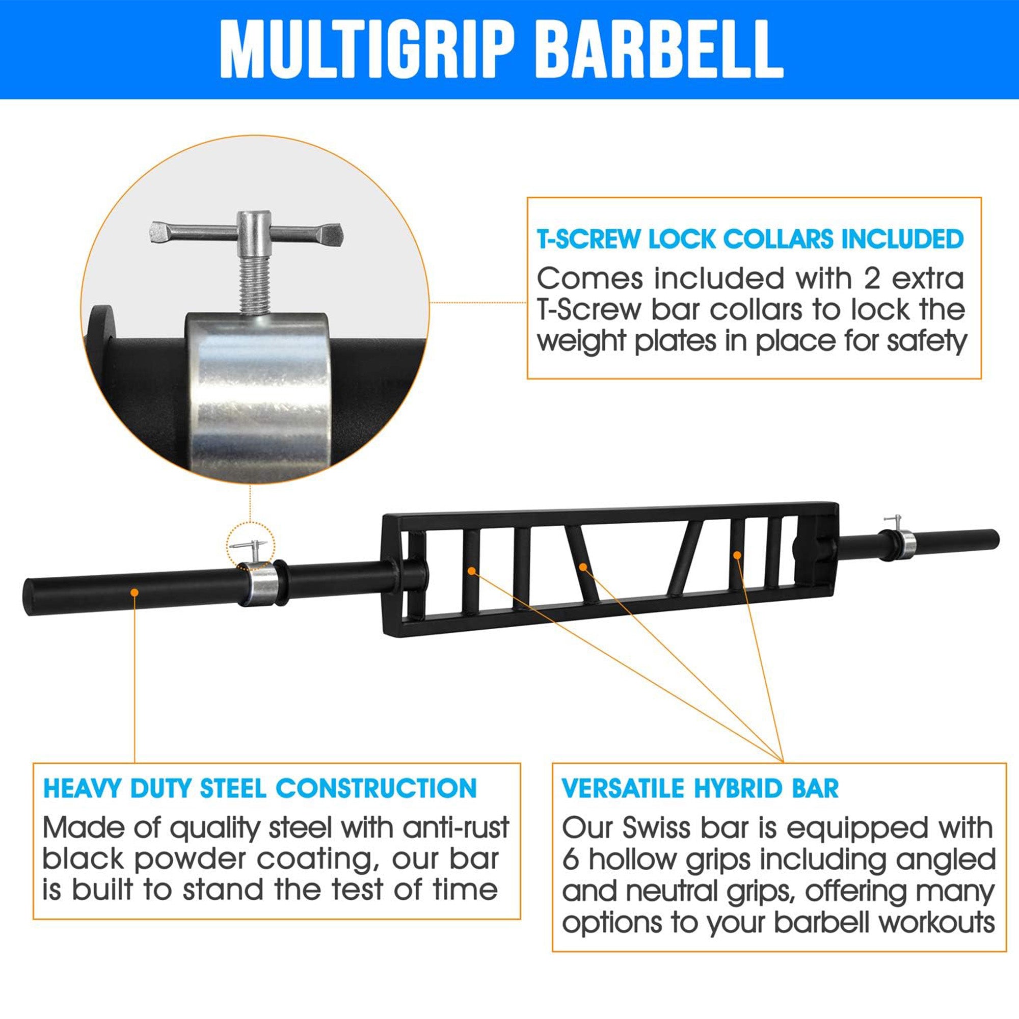Multi Grip Barbell, Swiss Bar w 2 Collars, Fits Olympic Weight Plates (Open Box)