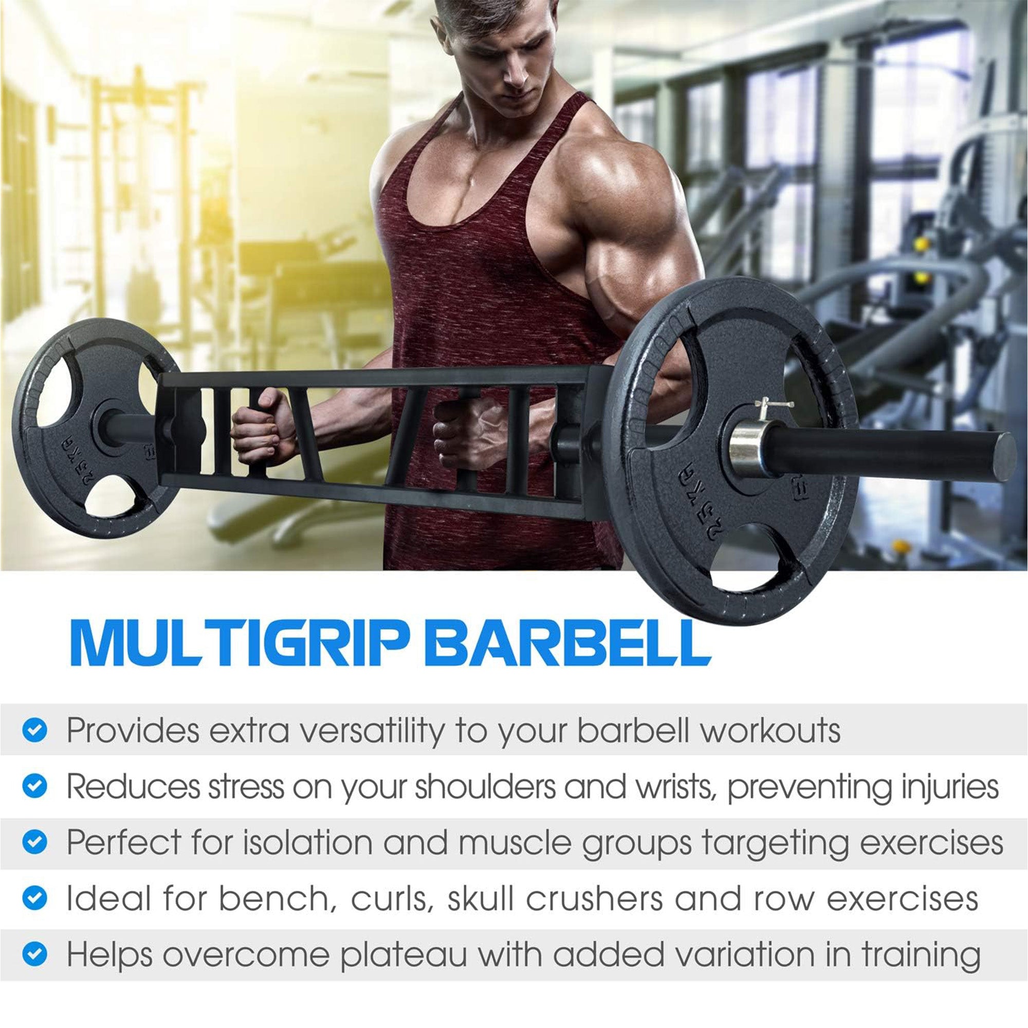 Multi Grip Barbell, Swiss Bar w 2 Collars, Fits Olympic Weight Plates (Open Box)