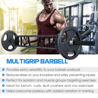 Multi Grip Barbell, Swiss Bar w 2 Collars, Fits Olympic Weight Plates (Open Box) - VMInnovations
