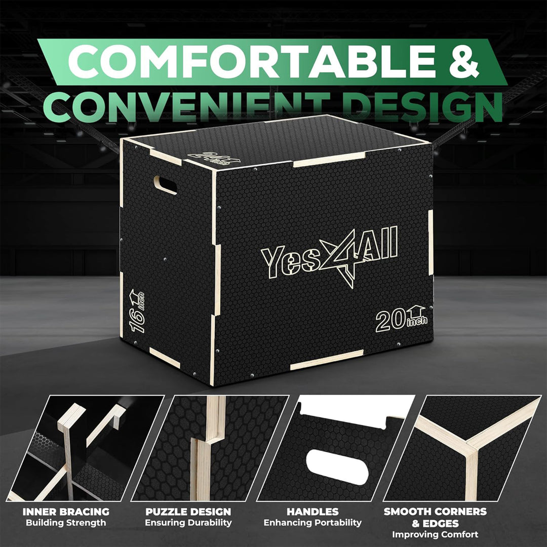 Yes4All 3-in-1 Wooden Plyo Box w/ Handles & Non-Slip Coating 20"L x 18"W x 16"H - VMInnovations