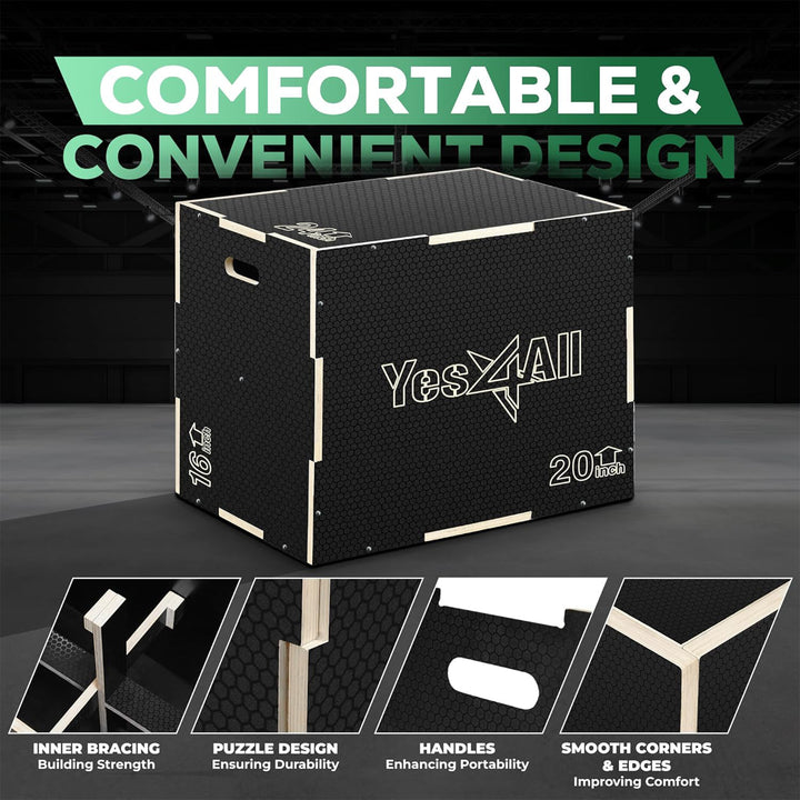 Yes4All 3-in-1 Wooden Plyo Box w/ Handles & Non-Slip Coating 20"L x 18"W x 16"H - VMInnovations