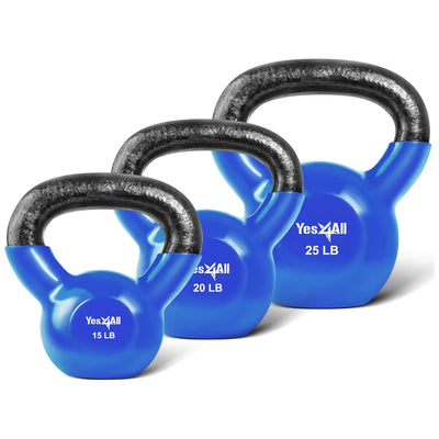 Yes4All 15, 20, & 25 Pound Kettlebell Set, Vinyl Coated Iron Weights(Open Box)