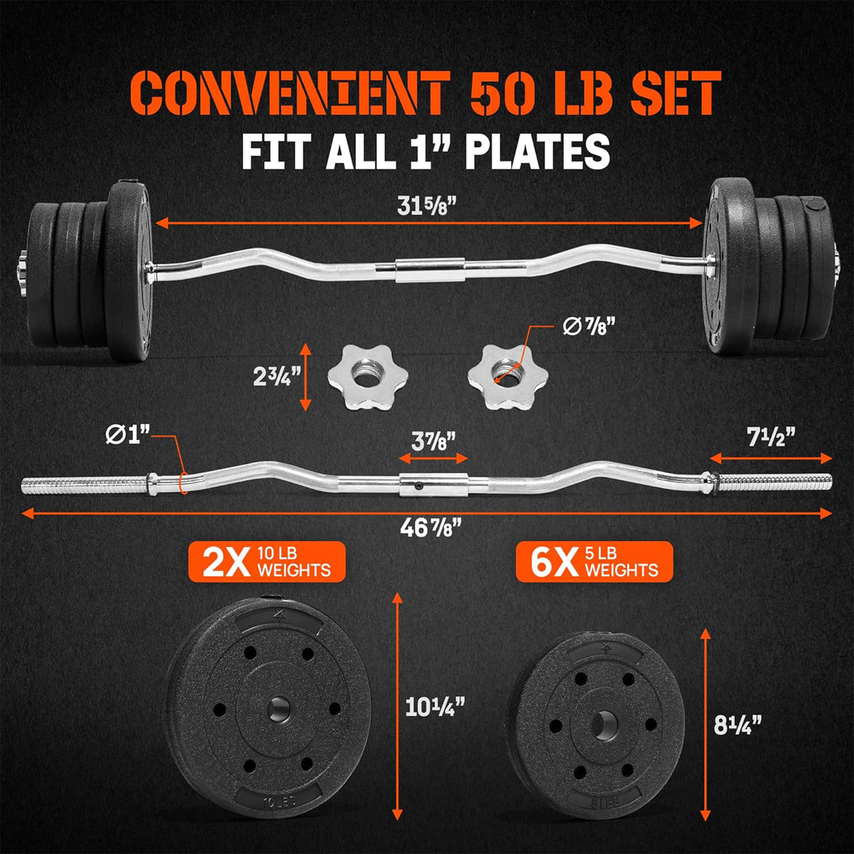 Yes4All 1" Barbell Strength Training Weight Set with (2) 10lb and (6) 5lb Plates