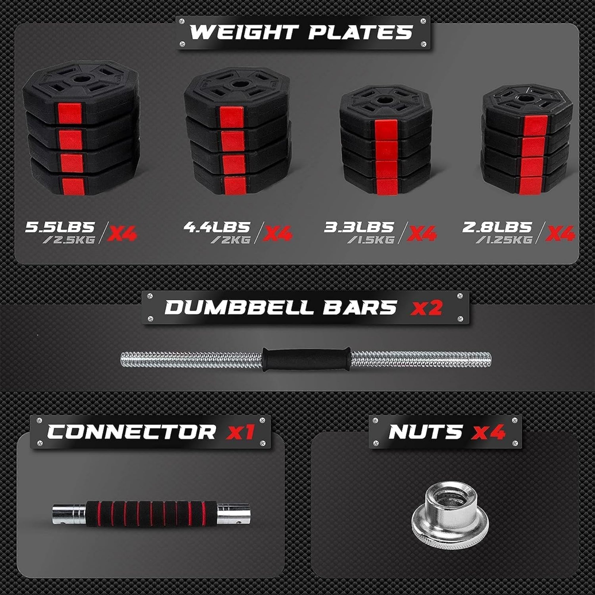 Yes4All Adjustable Dumbbell Set, Non-Slip Grip Free Weights, 66 lbs & Connector - VMInnovations