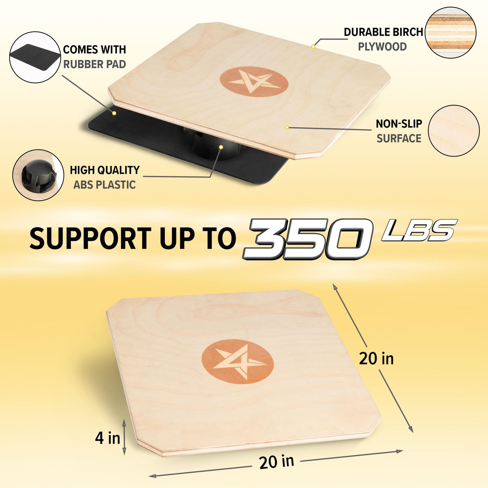 Yes4All 350Lbs Adjustable Wooden Balance Board, 20" x 20" Birch Rocker Board - VMInnovations