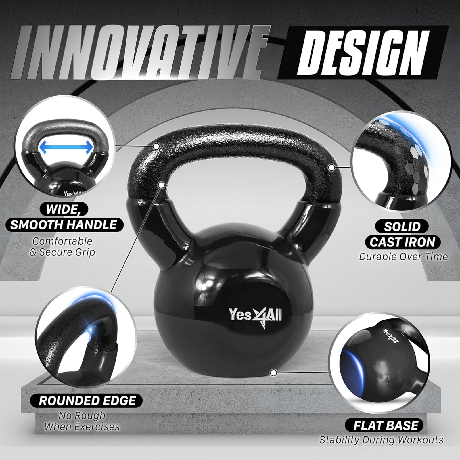 Yes4All 15, 20, & 25 Pound Kettlebell Set, Vinyl Coated Cast Iron Weights, Black - VMInnovations