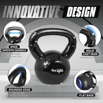 Yes4All 15, 20, & 25 Pound Kettlebell Set, Vinyl Coated Cast Iron Weights, Black - VMInnovations
