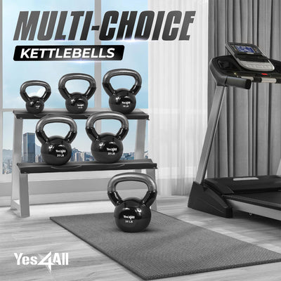 Yes4All 15, 20, & 25 Pound Kettlebell Set, Vinyl Coated Cast Iron Weights, Black - VMInnovations