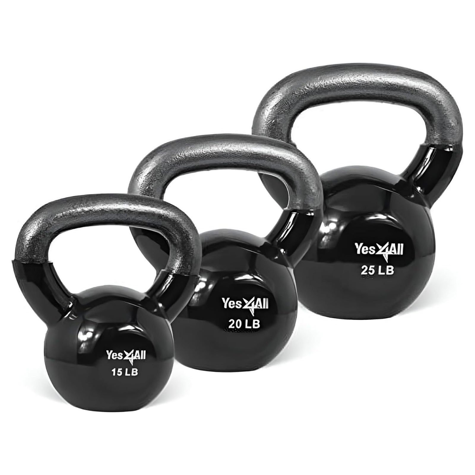 Yes4All 15, 20, & 25 Pound Kettlebell Set, Vinyl Coated Cast Iron Weights, Black - VMInnovations