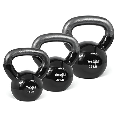 Yes4All 15, 20, & 25 Pound Kettlebell Set, Vinyl Coated Cast Iron Weights, Black - VMInnovations