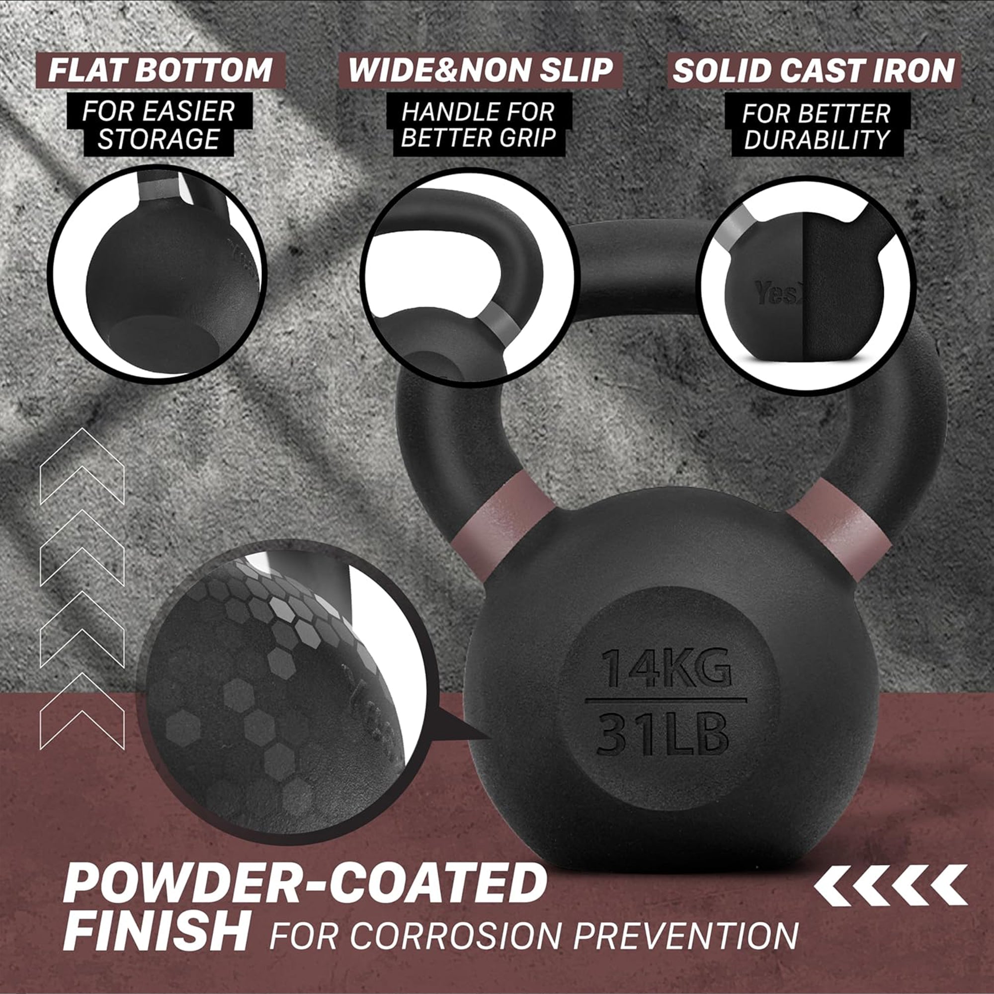 Yes4All 31 Pound Kettlebells, 1 Pair Powder Coated Cast Iron Weights, Brown - VMInnovations