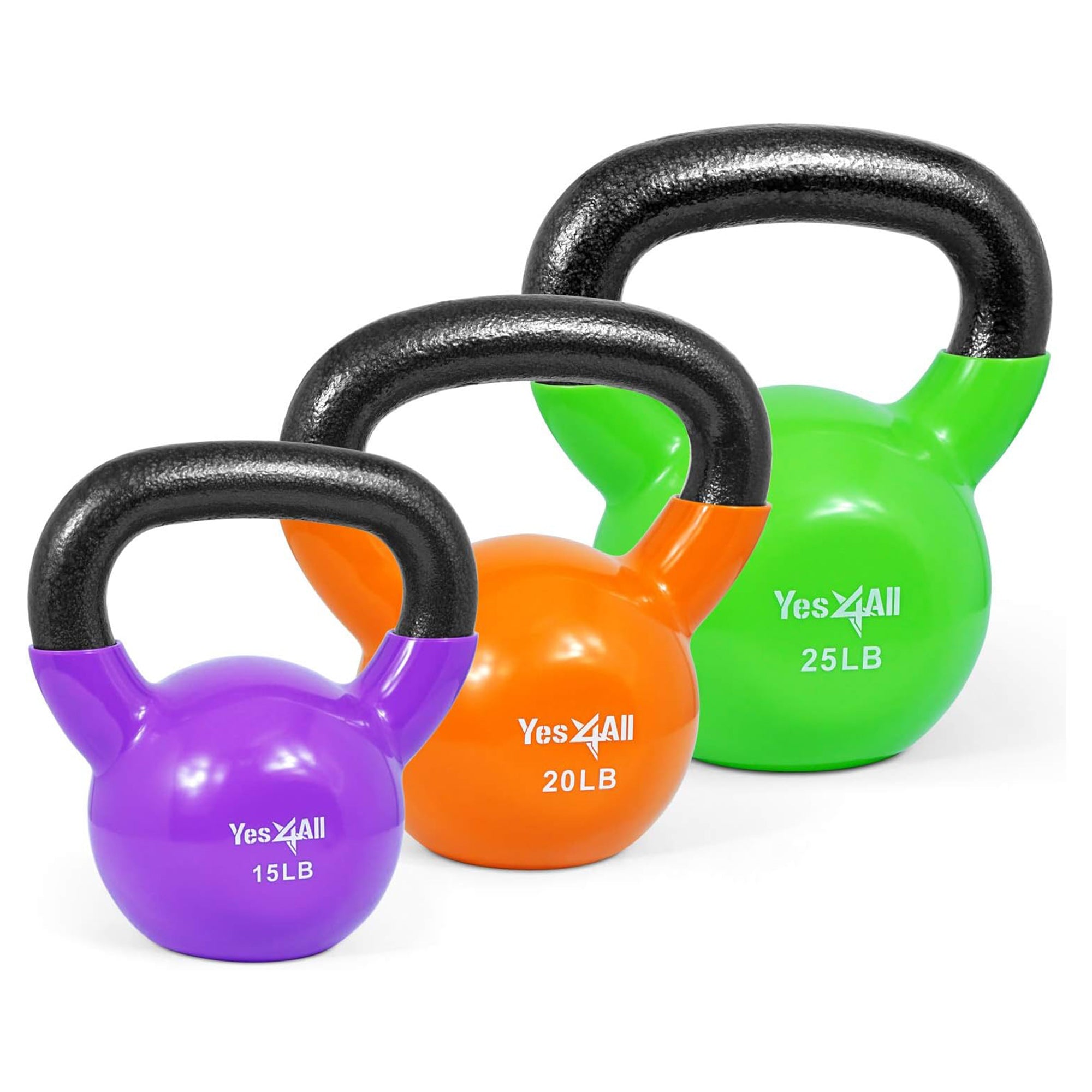 Yes4All 15,20& 25 Kettlebell Set, Vinyl Coated Cast Iron Weights (Open Box)