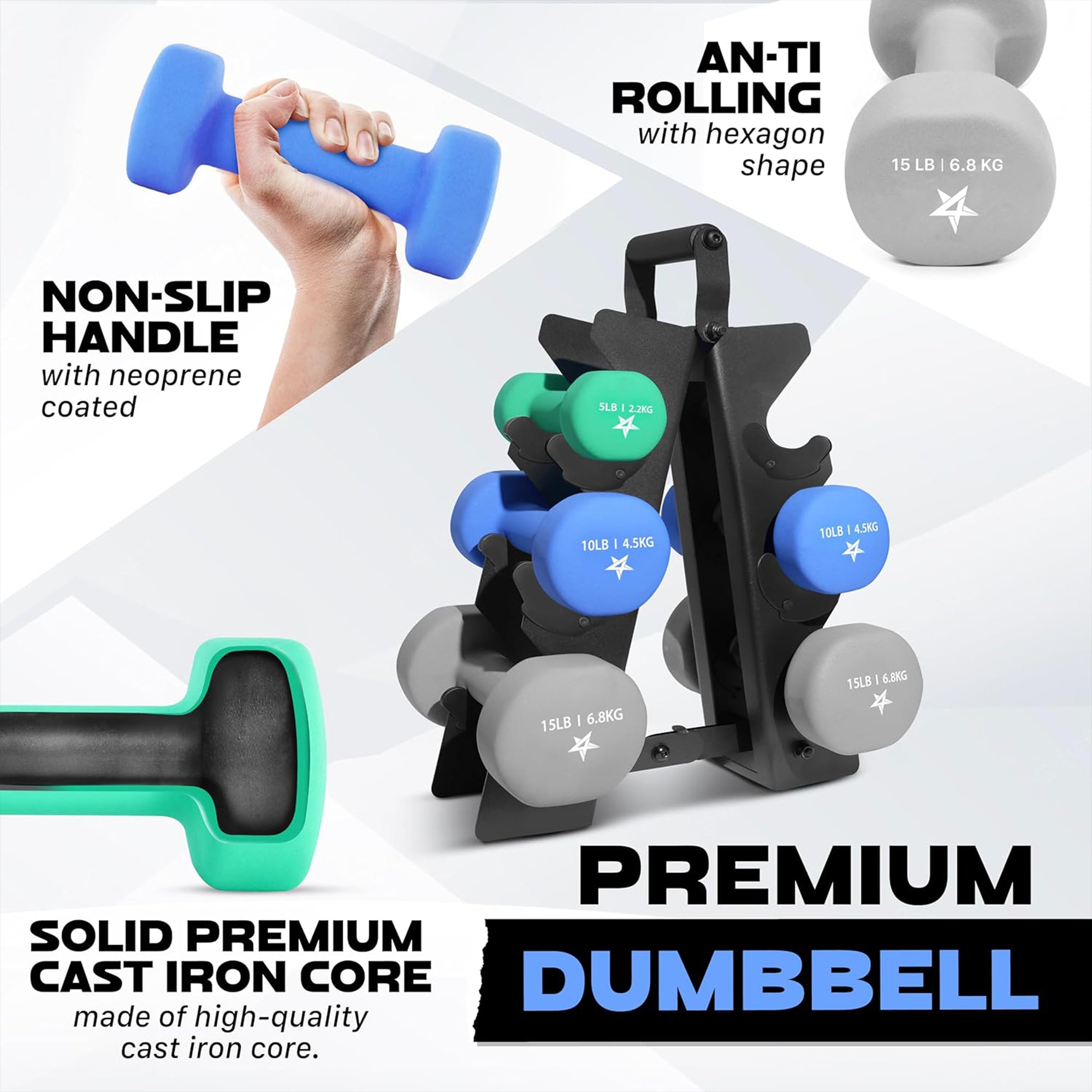 Neoprene Dumbbell Set, Pair of 5, 10, 15 Pound Hand Weights with Rack (Open Box)