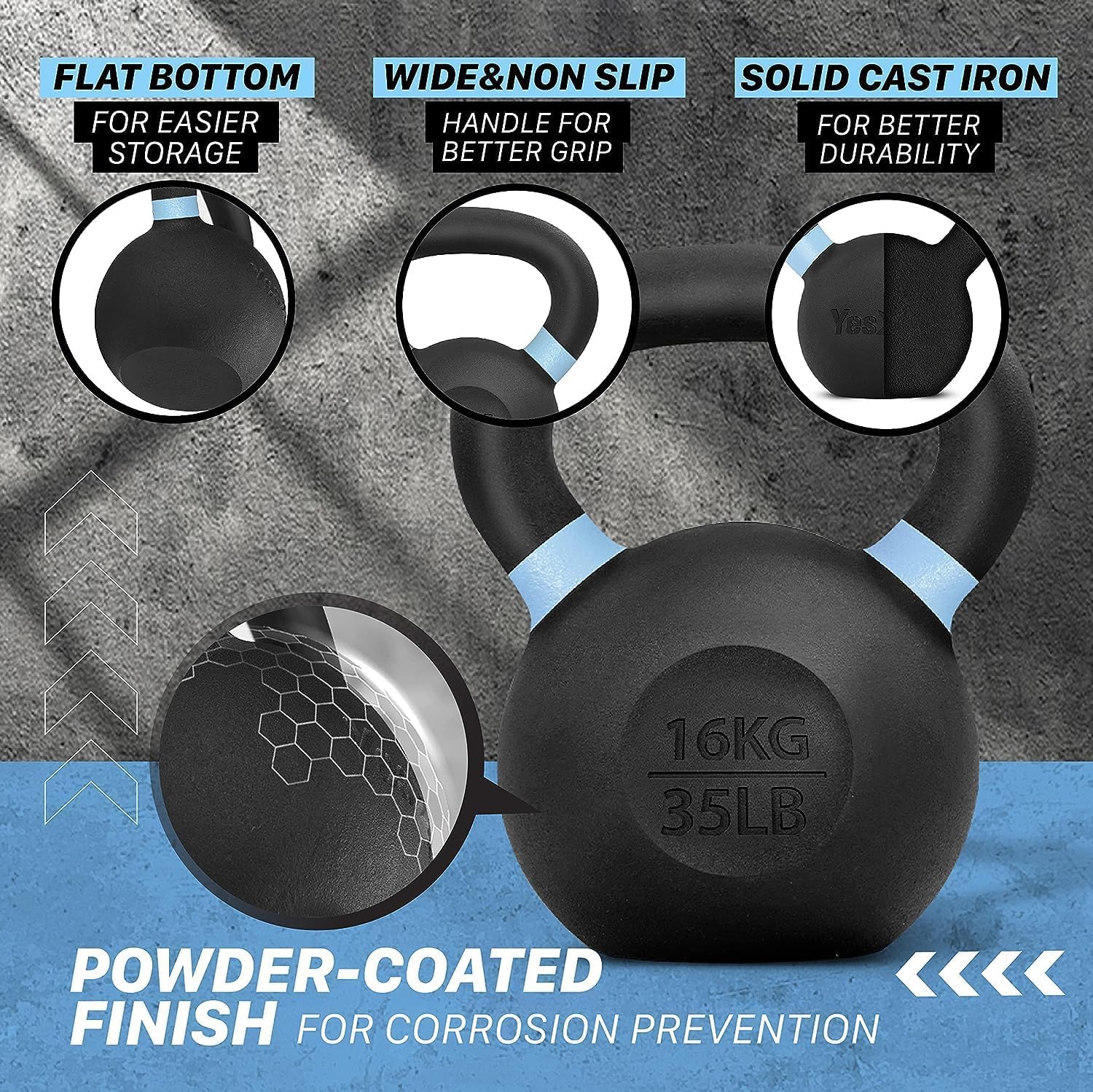 Yes4All 35 Pound Kettlebells, 1 Pair Powder Coated Cast Iron Weights, Light Blue - VMInnovations